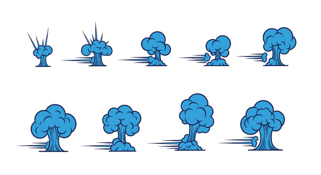 Sequence of blue comic style explosion and smoke clouds showing movement and animation over a white background.