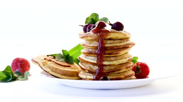 Homemade pancakes with strawberries and jam on a clean white background