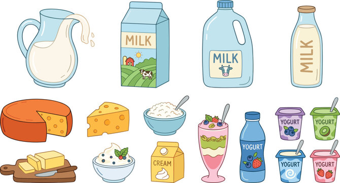 Set of hand drawn dairy products vector illustrations featuring milk cartons bottles yogurt cups cheese wheels butter and fresh cream isolated on white background.