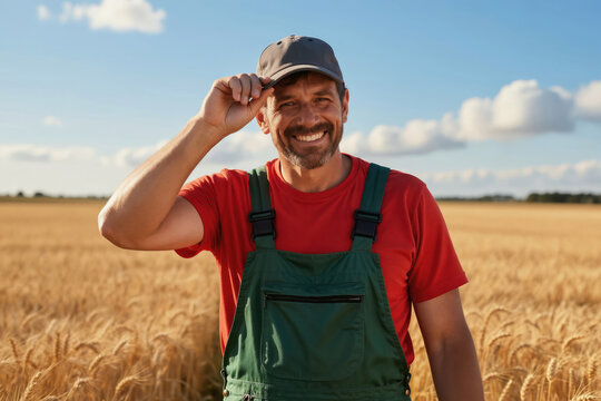 Man in cap and green overalls stands in golden wheat field. He smiles and tips his cap to camera. Sunny day with blue sky and clouds in background.