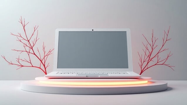 White laptop on display podium with red branches and orange light
