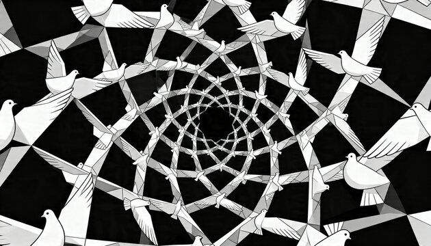 Spiraling linked white dove silhouettes forming receding tunnel in graphic art, with ribbon bands