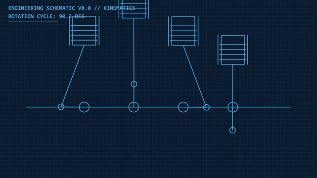 An animated engineering schematic displays a complex mechanical linkage system in motion against a grid background. This motion graphics loop illustrates kinematic principles.