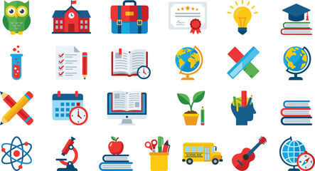 Set of education and school vector icons featuring books school bus globe microscope owl and science equipment isolated on white background for learning design. © MdMahfizur