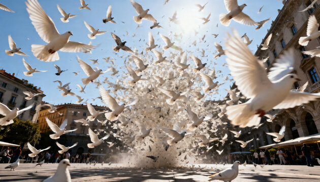 Erupting large flock of white pigeons rising and scattering across sunlit plaza, with dust plume