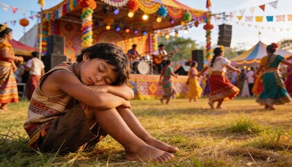 Fototapeta premium Sitting barefoot child resting on grass at festival, performers dancing on stage in bright skirts