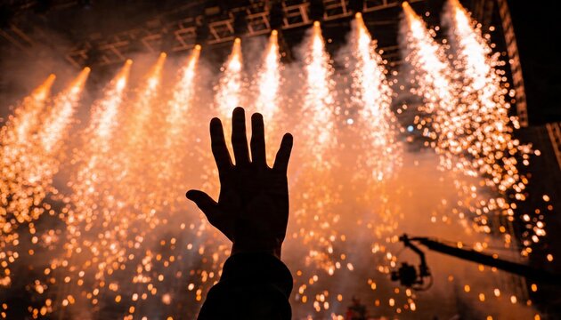 Reaching silhouetted hand and forearm in dark hoodie toward stage at concert, with pyro sparks