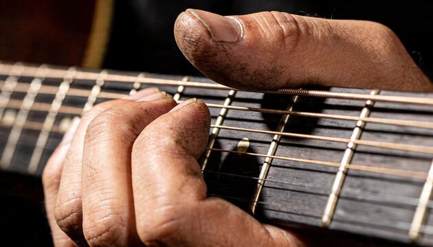 Pressing left hand fretting steel strings on guitar fretboard in studio, with callused fingertips