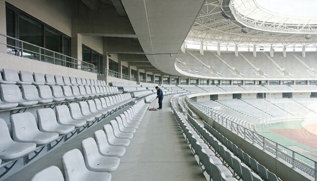 Sweeping stadium cleaner wearing dark jacket, trousers on upper walkway, with gray seats and broom
