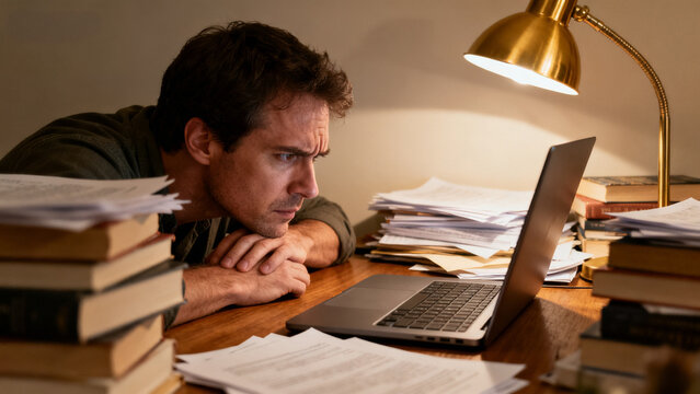 Focused Student or Freelancer Working Late at Night with Laptop and Documents