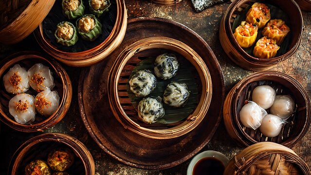 Steamed dumplings in bamboo baskets.