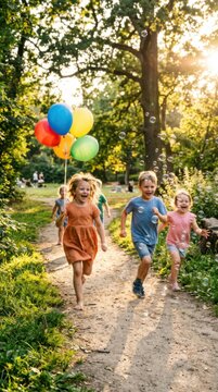Happy kids running in park with colorful balloons and soap bubbles. Group of children playing together during International Childrens Day celebration. Childhood freedom and joy.