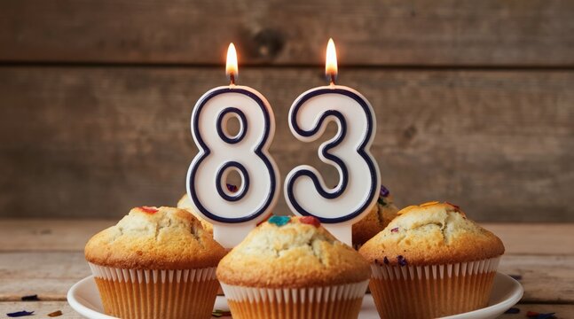 Birthday muffins with lit candles showing number 83. Festive celebration with sweet treats on rustic wooden background. Congratulatory message for 83rd anniversary.