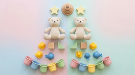 Fototapeta premium Teddy bear with baby toy arranged in shape of Christmas tree. International Childrens Day background with wooden block, stacker and rubber animal. Playful composition for childhood.
