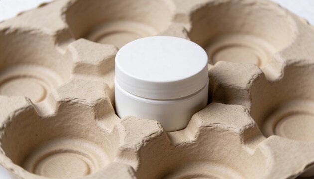 Showing white cylindrical plastic jar sitting in molded pulp tray on flat surface, fibrous texture