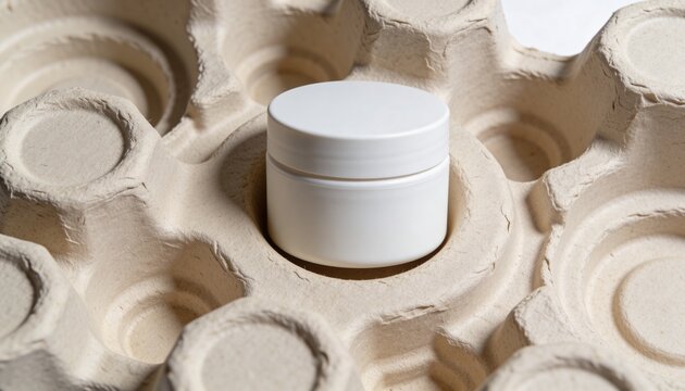 Sitting matte-white cylindrical jar in molded pulp tray on tabletop, reflecting soft highlights