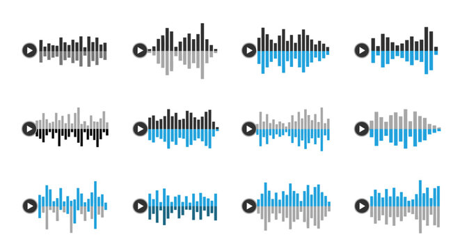 Collection of various audio sound wave icons and digital equalizer bars represent music playback, recording, and frequency modulation.