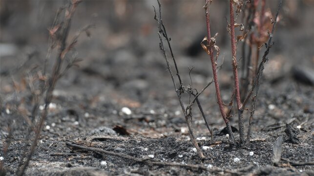 Wildfire forest scorched ground disaster destruction wildfire environment ash burned landscape fire damage blackened soil charred debris burnt vegetation close up aftermath scene