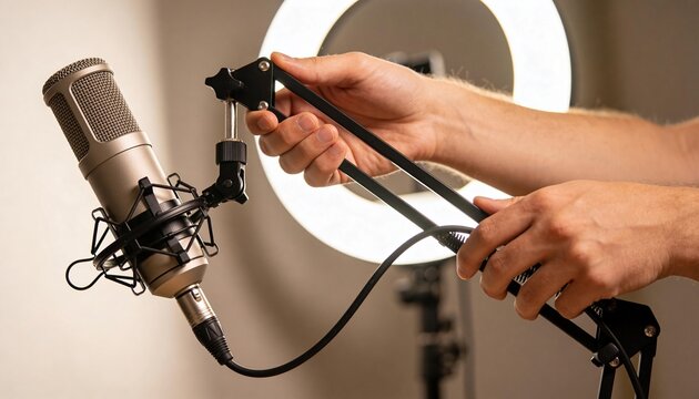 Adjusting podcaster's bare forearms fixing mic on boom in home studio, with ring light, XLR cable