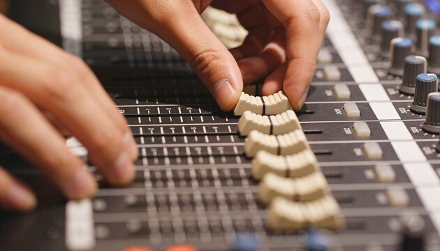 Sliding tech hands adjusting white fader caps on mixing console in studio, illuminated buttons