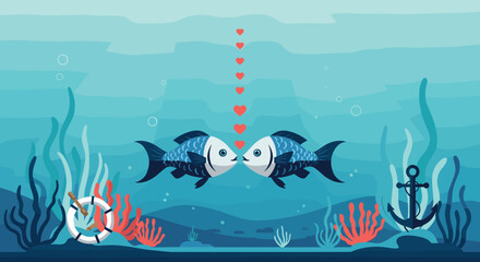 Naklejka premium Two blue fish kissing underwater with red hearts rising between them represents a romantic concept in a deep sea environment.