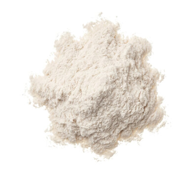 White coconut flour powder pile top view isolated. Healthy baking ingredient element.