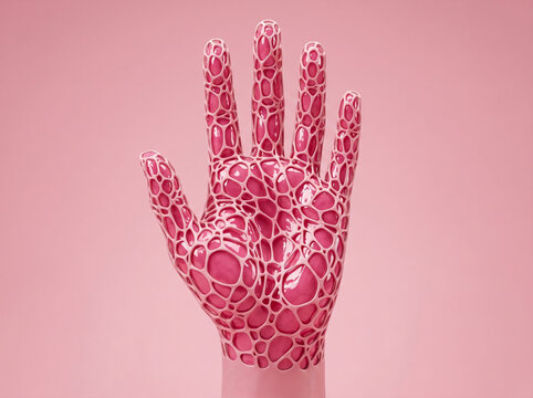 3D Human Hand Palm with Pink Voronoi Pattern and Glossy Organic Liquid Texture
