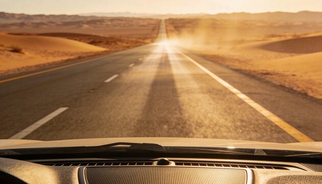 Driving vehicle cabin, showing dashboard and windshield toward desert highway with sun glare