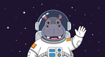 Fototapeta premium Cute cartoon hippopotamus character wearing a white space suit and glass helmet waving its hand while floating in dark starry outer space.