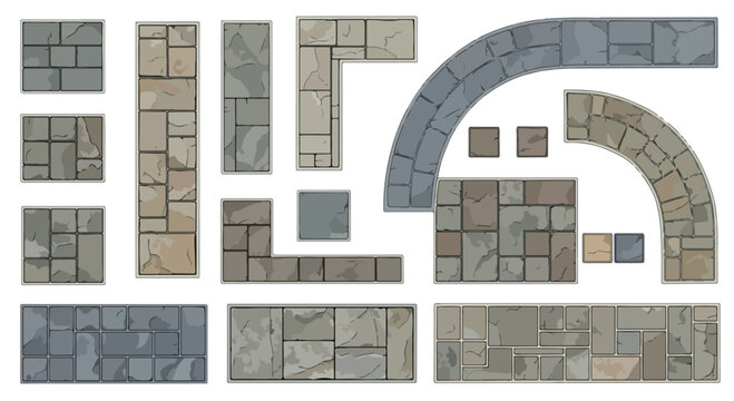 Stone paving vector set, modular flagstone walkway elements, grey and brown rock pavement textures for architectural landscape design