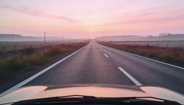 Moving vehicle hood reflecting pastel sky, traveling straight two-lane road with utility poles