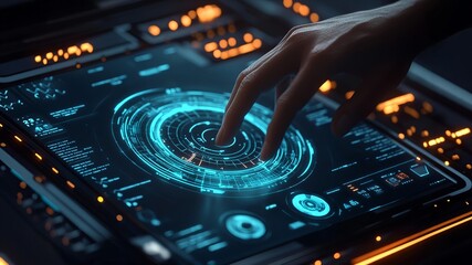 Obraz premium Close-up of human hand interacting with futuristic digital interface, cybersecurity and artificial intelligence concept, generative AI