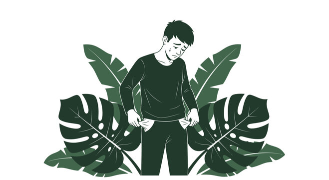 Man with empty pockets surrounded by lush green leaves, symbolizing poverty and financial hardship.