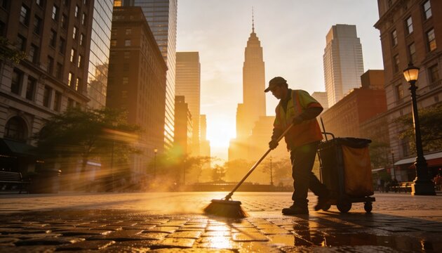 Sweeping cleaner wearing hi-vis vest pushing broom across city plaza at sunrise, cart, copy space