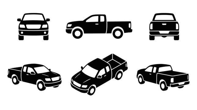 Pickup Truck Icon Set in Minimal Black Silhouette Style