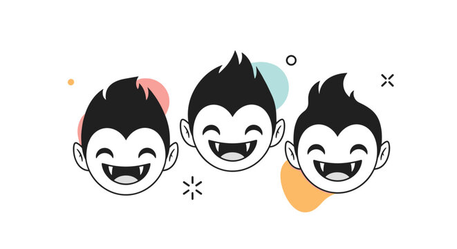 Three happy vampire cartoon characters with black hair and sharp fangs laughing together against a background with abstract shapes and dots.