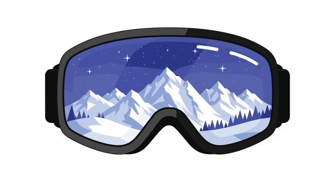 Black ski or snowboard goggles reflecting a beautiful winter landscape of snow-covered mountains and pine trees under a starry night sky.