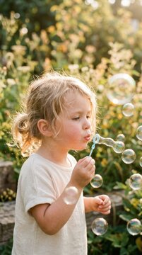 Child blowing soap bubbles in sunny garden. Little girl playing with bubble wand outdoors. Happy childhood, summer activity and International Childrens Day celebration. Freedom and joy.