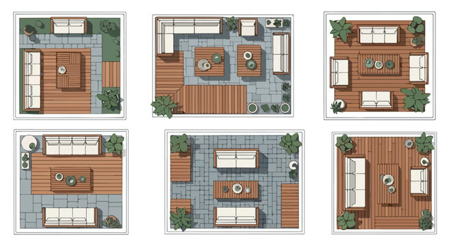 Modern patio floor plan set, outdoor furniture layout top view with 6 vector designs, backyard deck landscaping and terrace garden arrangement icons