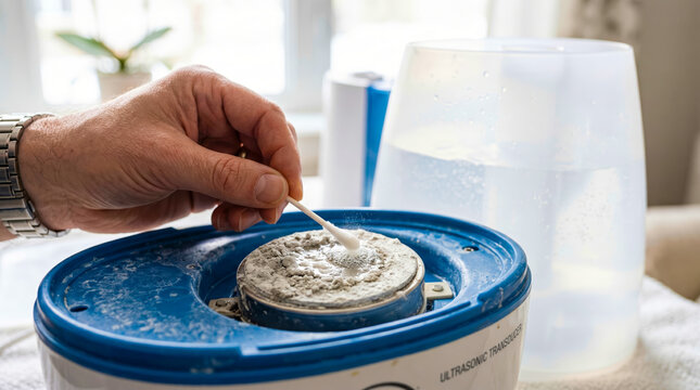 Man cleaning limescale from ultrasonic humidifier transducer with cotton swab
