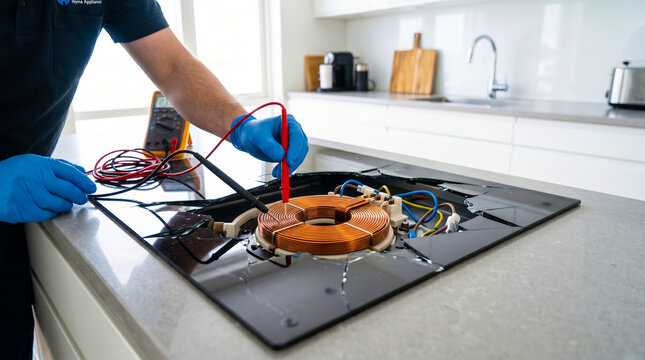 Technician repairing broken induction cooktop with multimeter in kitchen