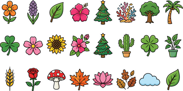 Large Collection of Nature Vector Icons Featuring Flowers Leaves Trees Cactus Mushroom Sunflower Rose and Christmas Trees for Seasonal and Environmental Graphic Design