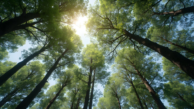 Treetops swaying with the wind. Nature's beauty in motion. Synchronized trees in the breeze. The art of tree movement in nature.