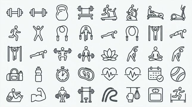 Fitness icons and gym equipment symbols.