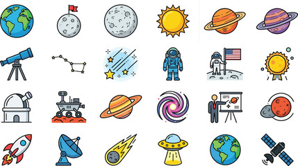 Astronomy and Space Exploration Vector Icon Set Featuring Planets Astronauts Rockets Telescopes UFOs and Galaxies for Science and Education Graphic Design © MdMahfizur