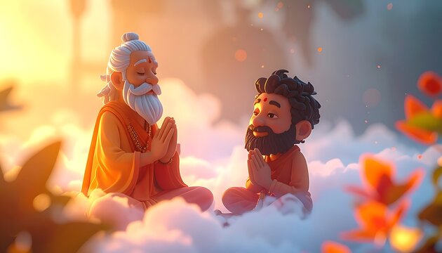 Elderly guru and young disciple meditating peacefully amidst soft clouds, bathed in warm golden sunset light, conveying spirituality and wisdom