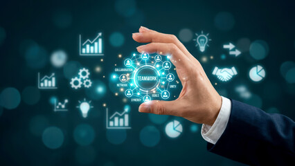 Obraz premium Business professional's hand presenting a digital teamwork network for success and growth.