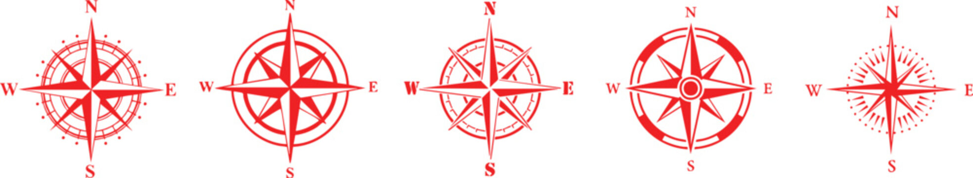 Red compass symbol with directional arrows and wind rose on Transparent background in bold vector style