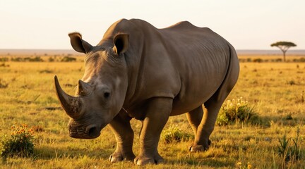 Obraz premium Majestic rhino stands in African savanna grassland at sunset. Large powerful wild mammal grazes peacefully in golden light. Iconic creature thrives in its natural habitat.