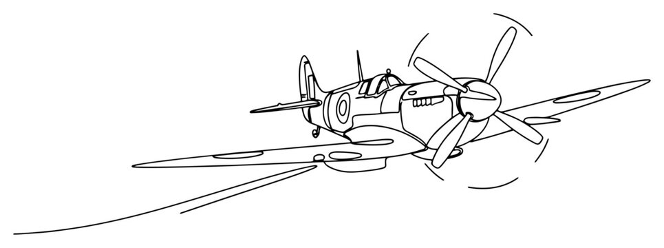 Spitfire vintage fighter airplane continuous line art, WWII propeller aircraft flying minimalist illustration